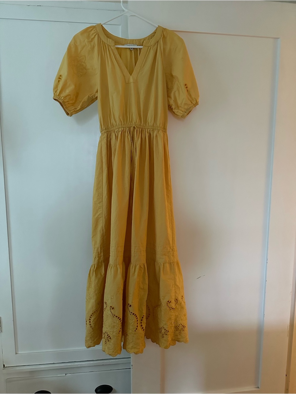 Moon River Yellow Puff Sleeve Tiered Maxi Dress